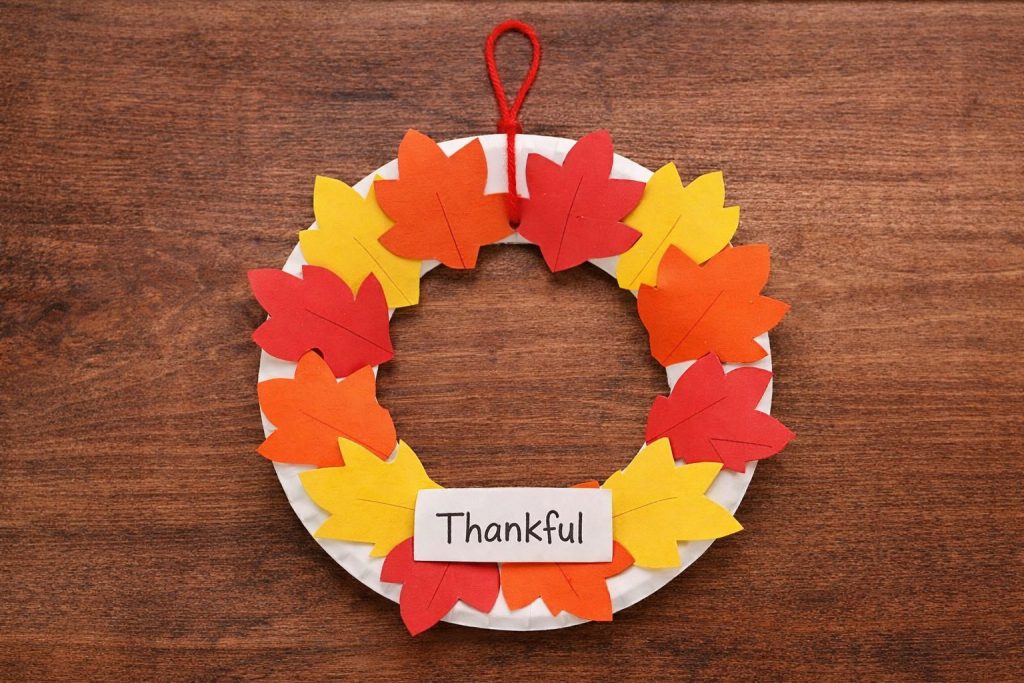 Preschooler tucking colorful paper leaves into a white paper plate wreath for a no-mess Thanksgiving craft idea